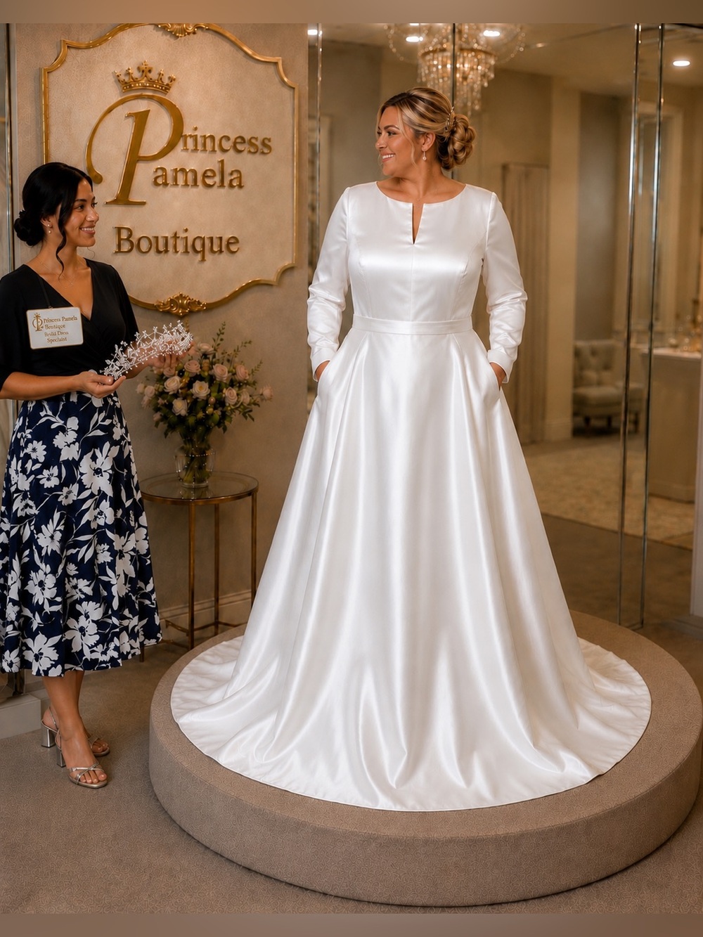 #W 23 - 16 Heavy white satin A-line wedding dress.  4X/Size 26